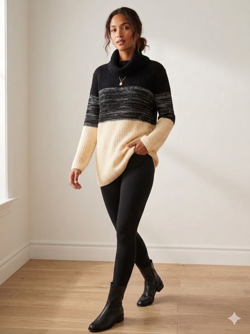 DAVI & DANI Oversized Color Block Chunky Knit Tunic Sweater